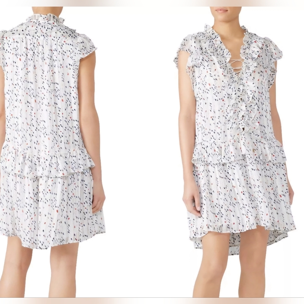 Sabina Musayev White Dot Red Blue Metallic Ruffle Mini Chiffon Dress Size XS